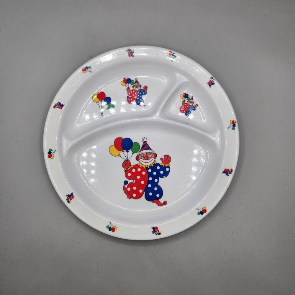Vintage Melaware Baby Child Divided Melamine Plate Clown Balloons Birthday
